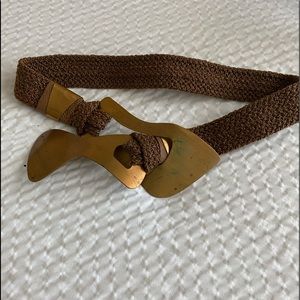 Ladies Vintage Brass Lock Tan Fabric Belt Size S